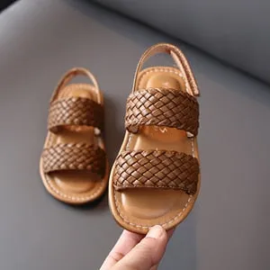 14-19cm Kids Girls Weave Sandals White Brown Solid Soft Toddler Girls Casual Beach Sandals 0-6Years Baby Summer Shoes Flats
