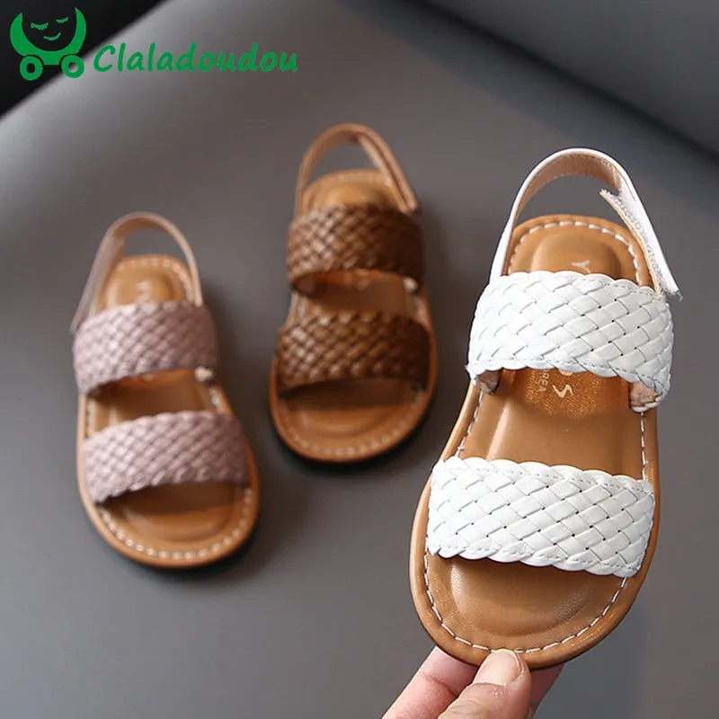 14-19cm Kids Girls Weave Sandals White Brown Solid Soft Toddler Girls Casual Beach Sandals 0-6Years Baby Summer Shoes Flats