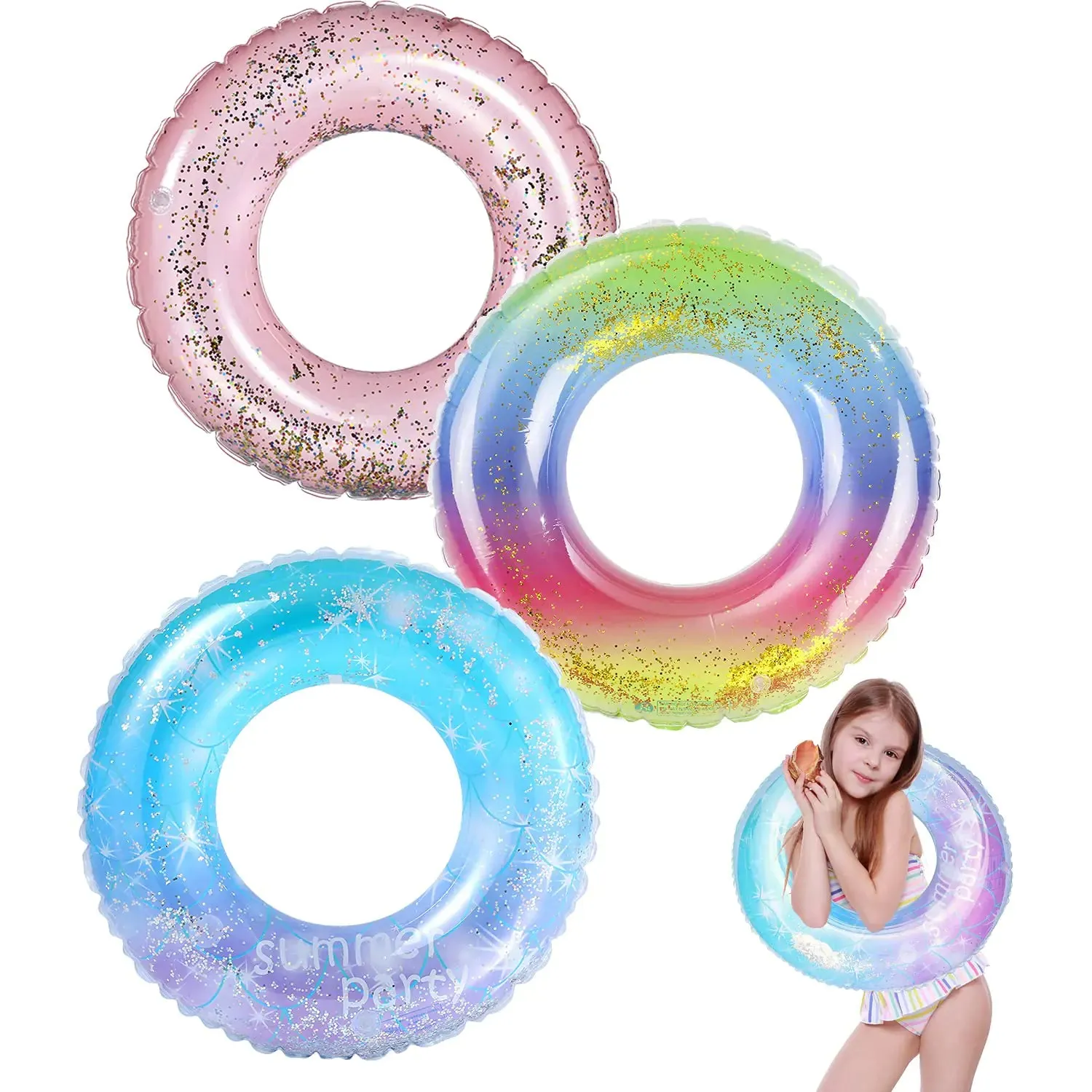 Inflatable Pool Floats 3 Pack Glitter Swim Rings for 2-5 Years Old Kids Pool Tubes Toys Pool Floats Ring Toys Summer Beach Swimming Pool Floats Party Supplies for Girl Boy