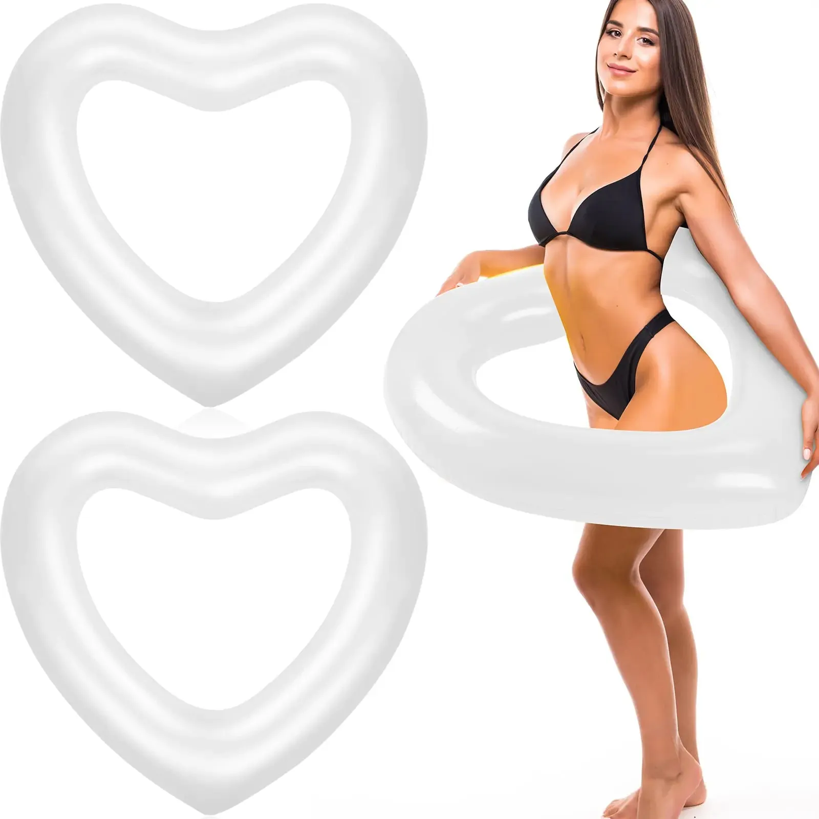 Junkin 47.3 x 39.4 Inch White Heart Pool Float Inflatable Swim Float Water Ring Bachelorette Pool Float Loungers Tube Swimming Pool Float for Engagement Wedding Summer Beach Party(2 Pcs)