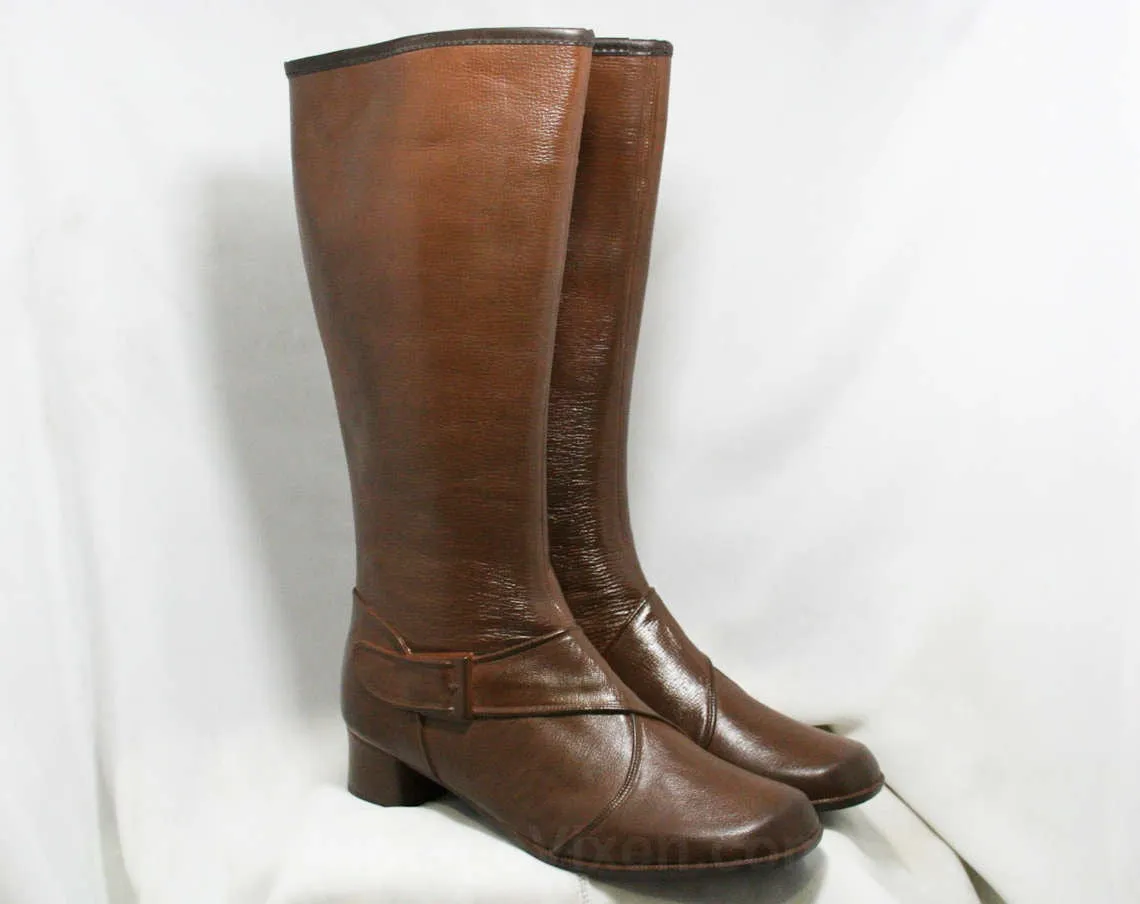 Size 9 Trompe L'Oeil 60s Boots - Brown Waterproof Rubber - 1960s Winter Boot - Faux Buckle & Strap - Fleece Lined - Deadstock Tall Shoes
