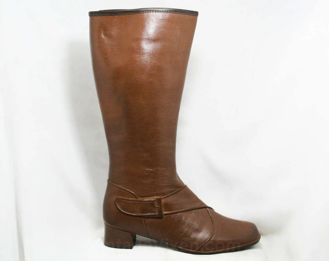 Size 9 Trompe L'Oeil 60s Boots - Brown Waterproof Rubber - 1960s Winter Boot - Faux Buckle & Strap - Fleece Lined - Deadstock Tall Shoes