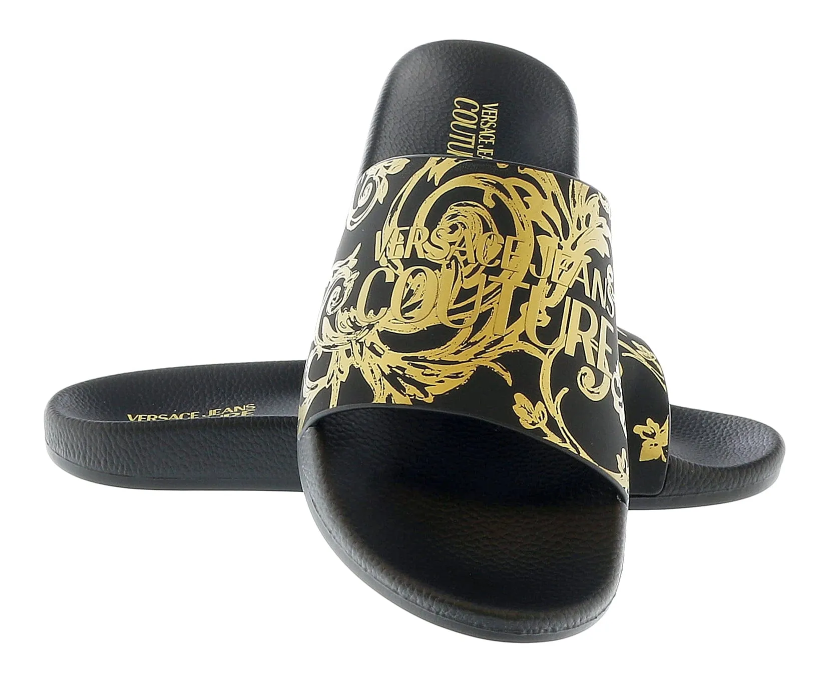 Versace Jeans Couture Black Gold Baroque Fashion Beach Slide-