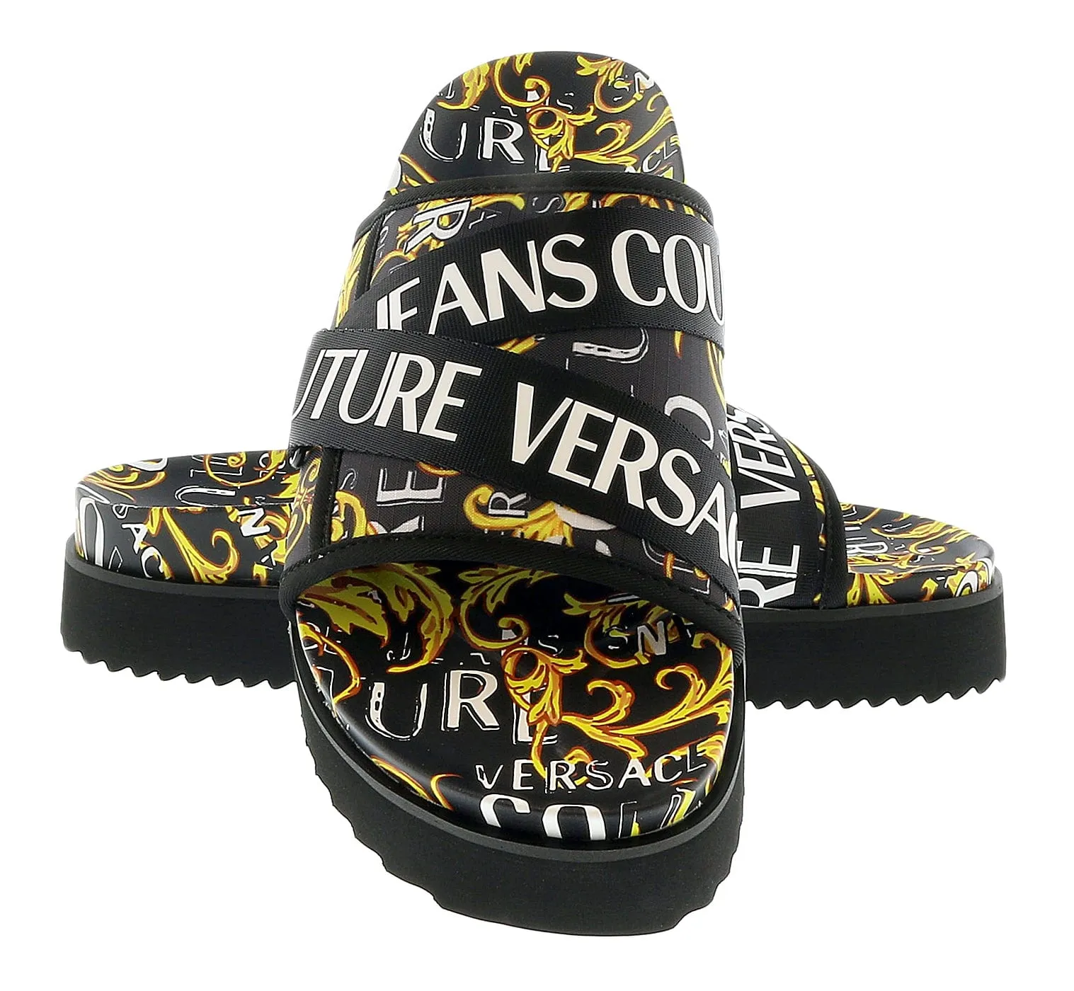 Versace Jeans Couture Black Gold Signature Strap On Fashion Beach Sandal-