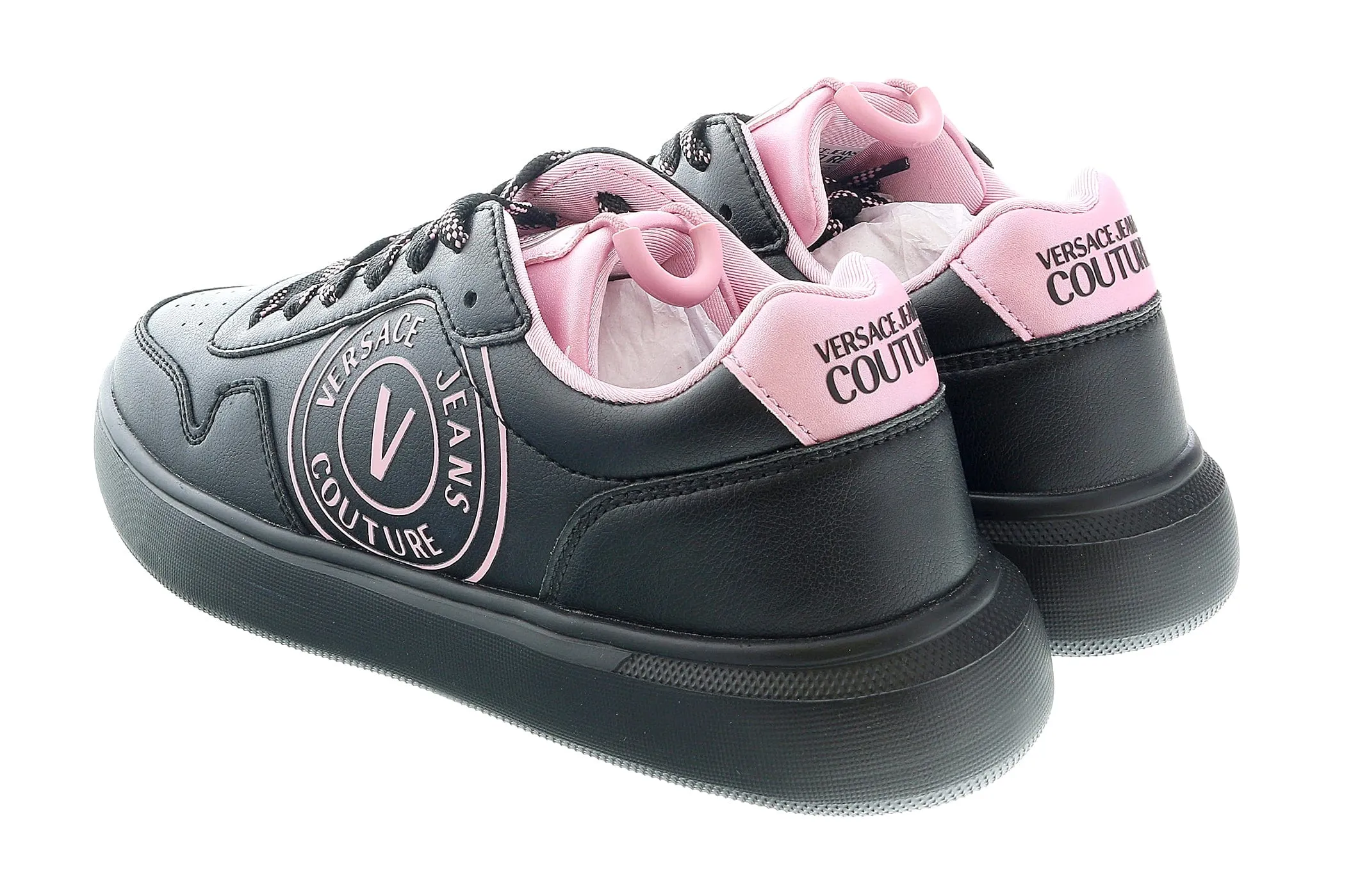 Versace Jeans Couture Black/Pink V-Logo Court Lace Up Sneakers-